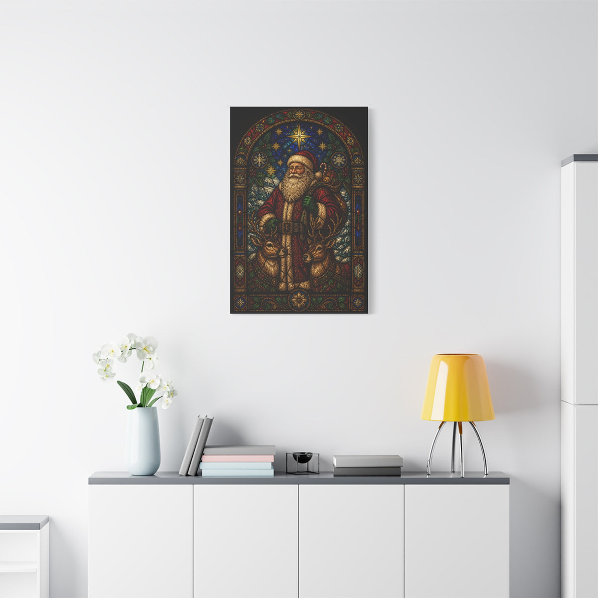 Stained Glass Santa and Reindeer Wall Art & Canvas Print