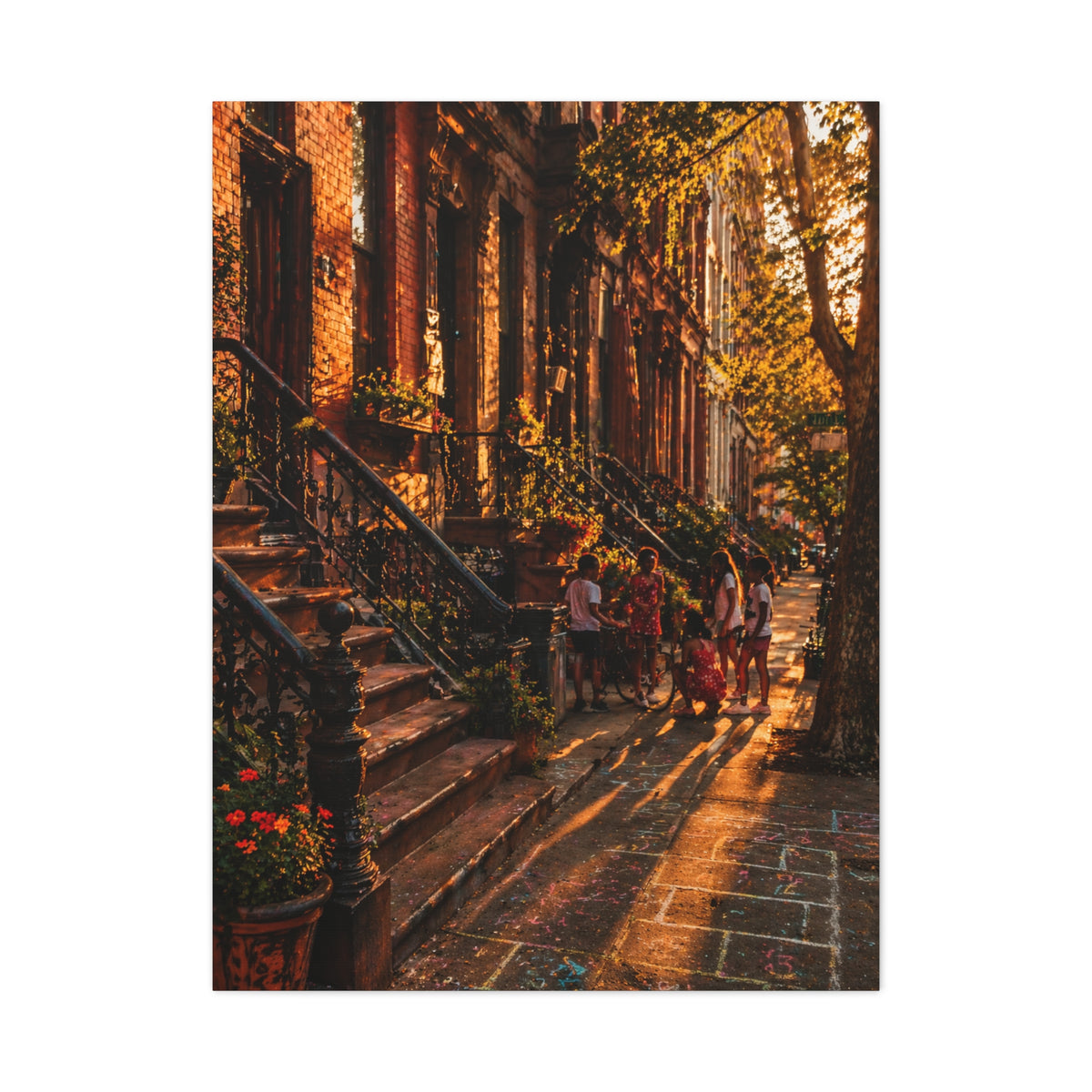Harlem Brownstone Golden Hour Scene Wall Art & Canvas Print