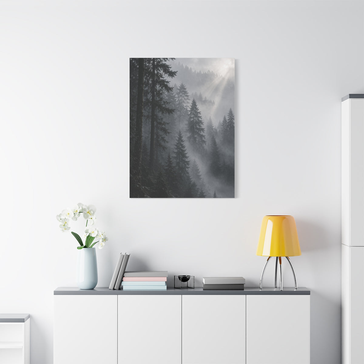 Misty Pine Forest Light Wall Art & Canvas Print