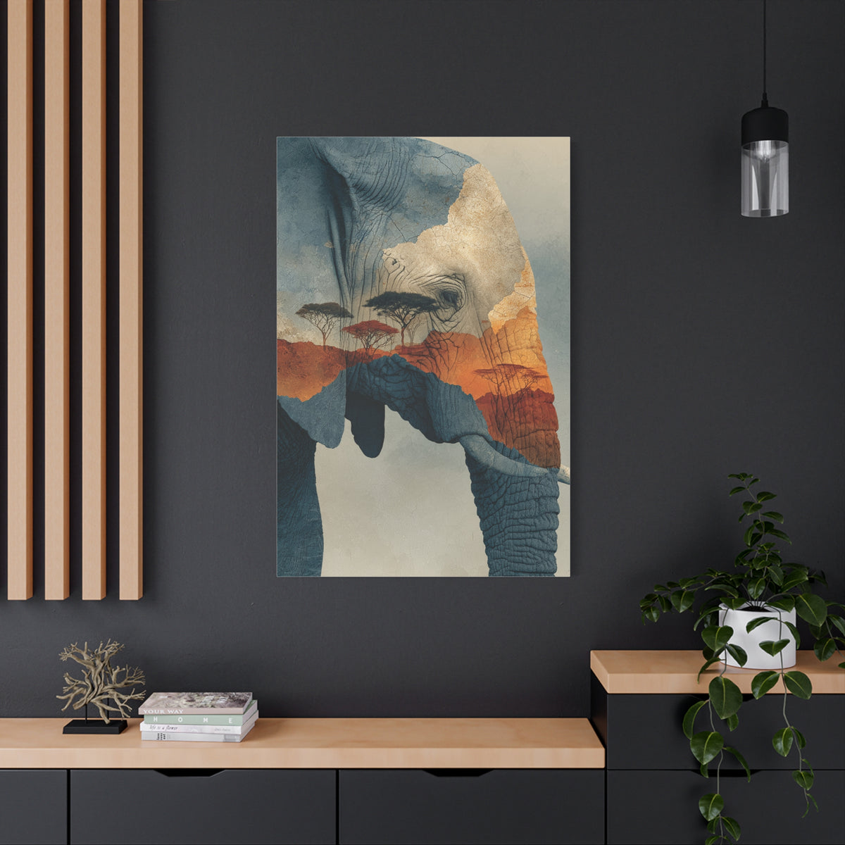 African Landscape Double Exposure Elephant Wall Art & Canvas Print