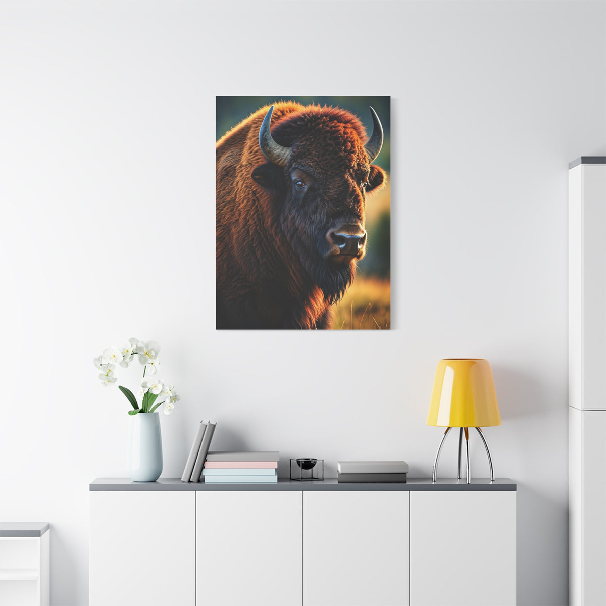 Golden Hour Bison Side Portrait with Warm Prairie Light Wall Art & Canvas Print
