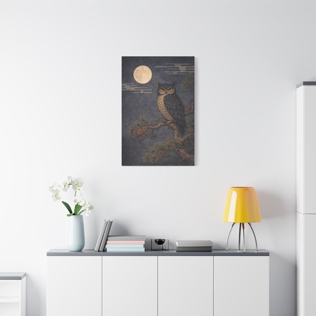 Nocturnal Pine Branch Owl Illustration Wall Art & Canvas Print