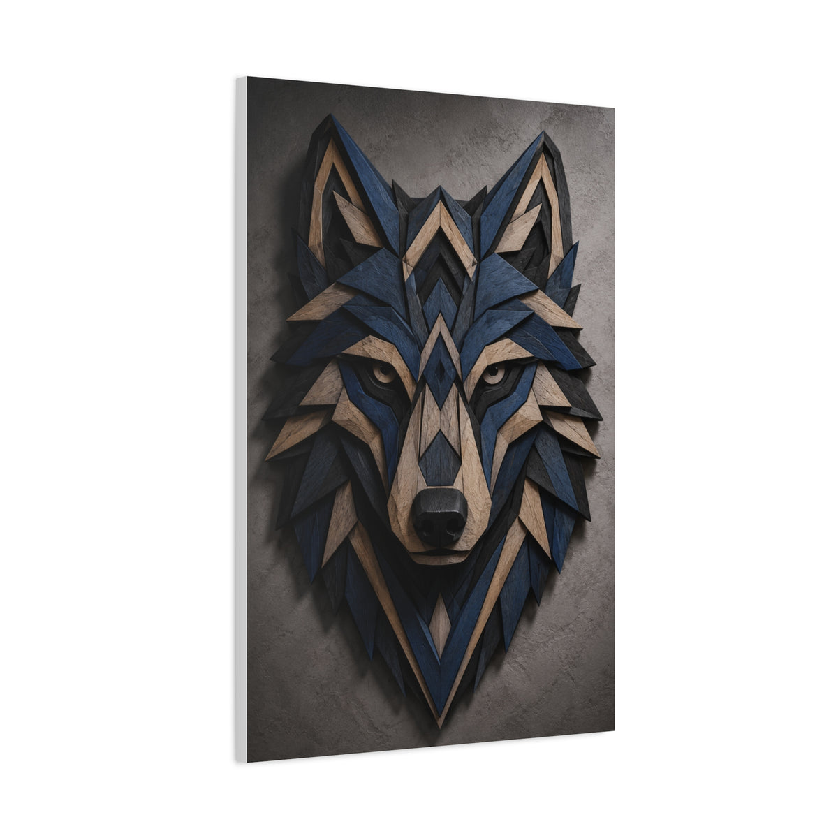 Layered Blue Geometric Wolf Head Sculpture Wall Art & Canvas Print