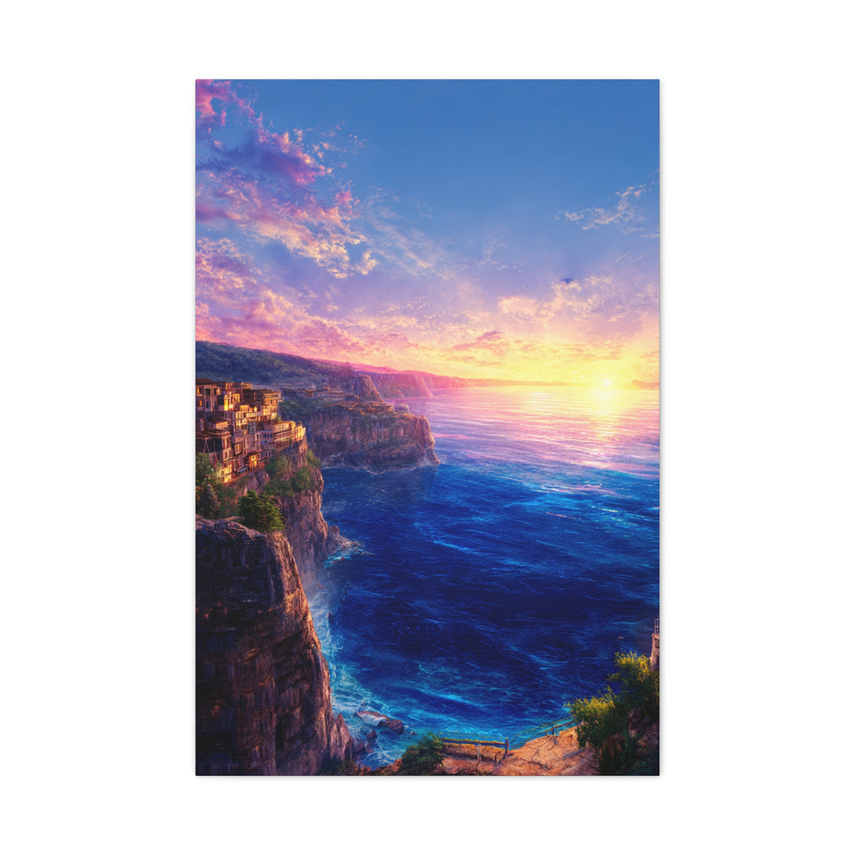 Coastal Village Cliffs at Golden Sunset Wall Art & Canvas Print
