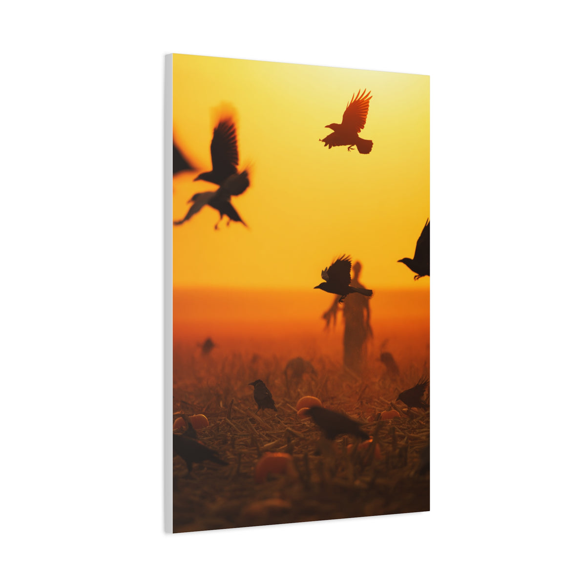 Crows Rising Over Pumpkin Field at Sunset Wall Art & Canvas Print