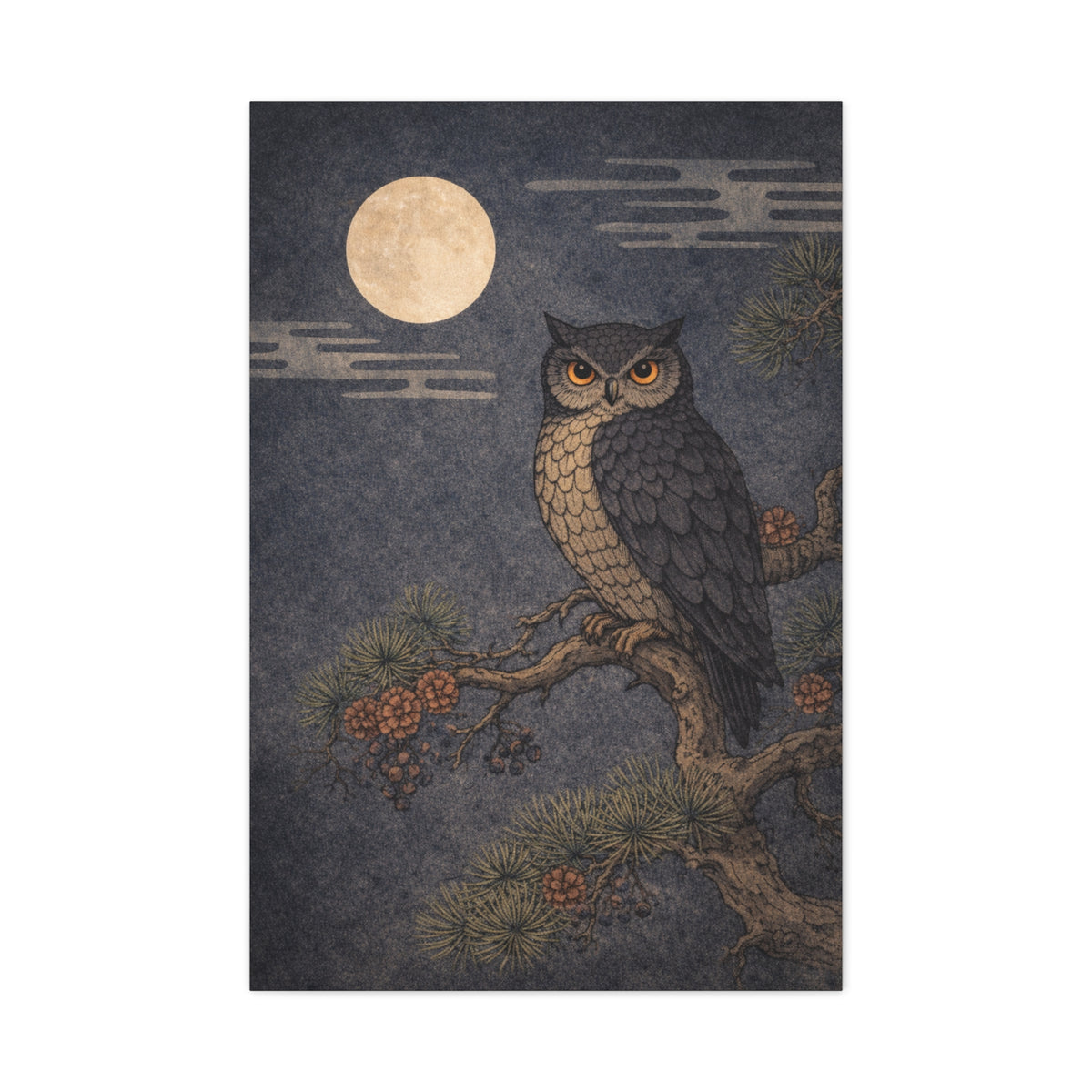 Nocturnal Pine Branch Owl Illustration Wall Art & Canvas Print