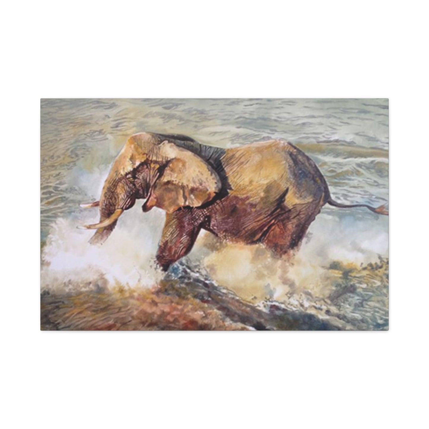 Bathing Elephant Wildlife Painting Wall Art & Canvas Prints