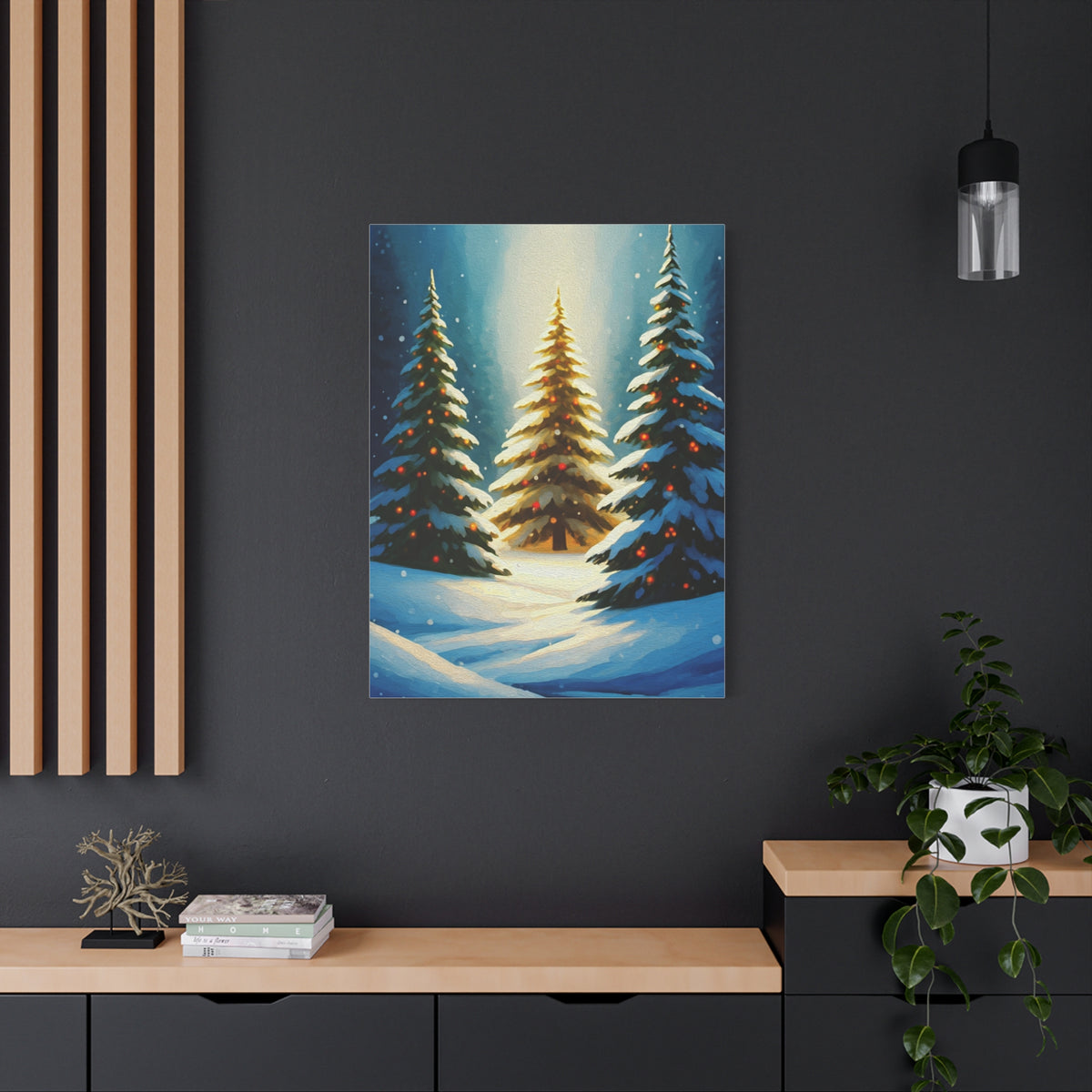 Impressionist Christmas Pine Forest with Falling Snow Wall Art & Canvas Print