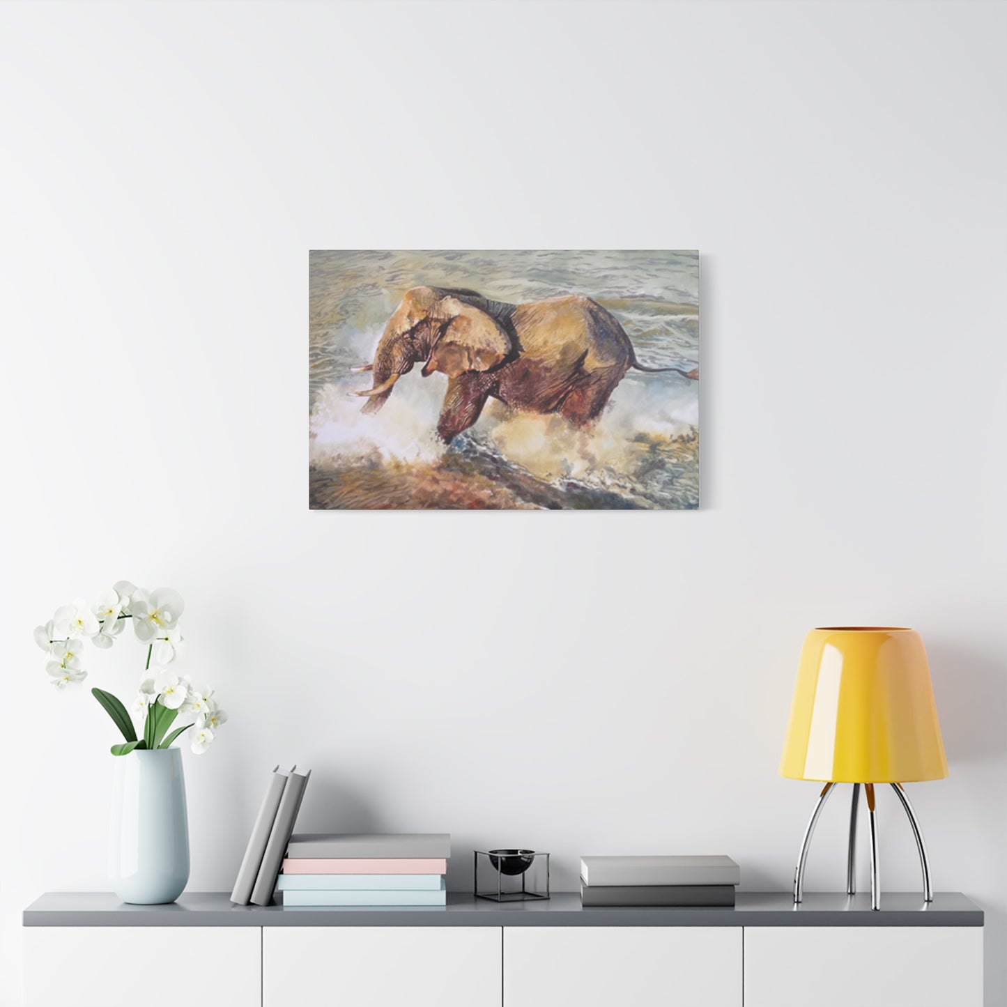 Bathing Elephant Wildlife Painting Wall Art & Canvas Prints