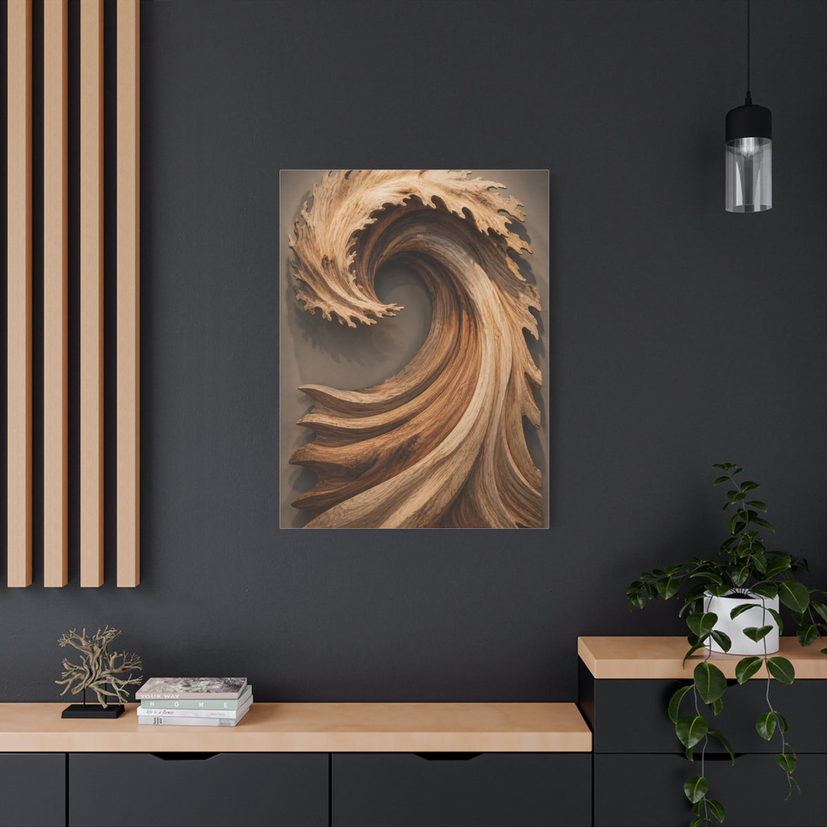 Hand-Carved Wooden Crest Wave Sculpture Wall Art & Canvas Print