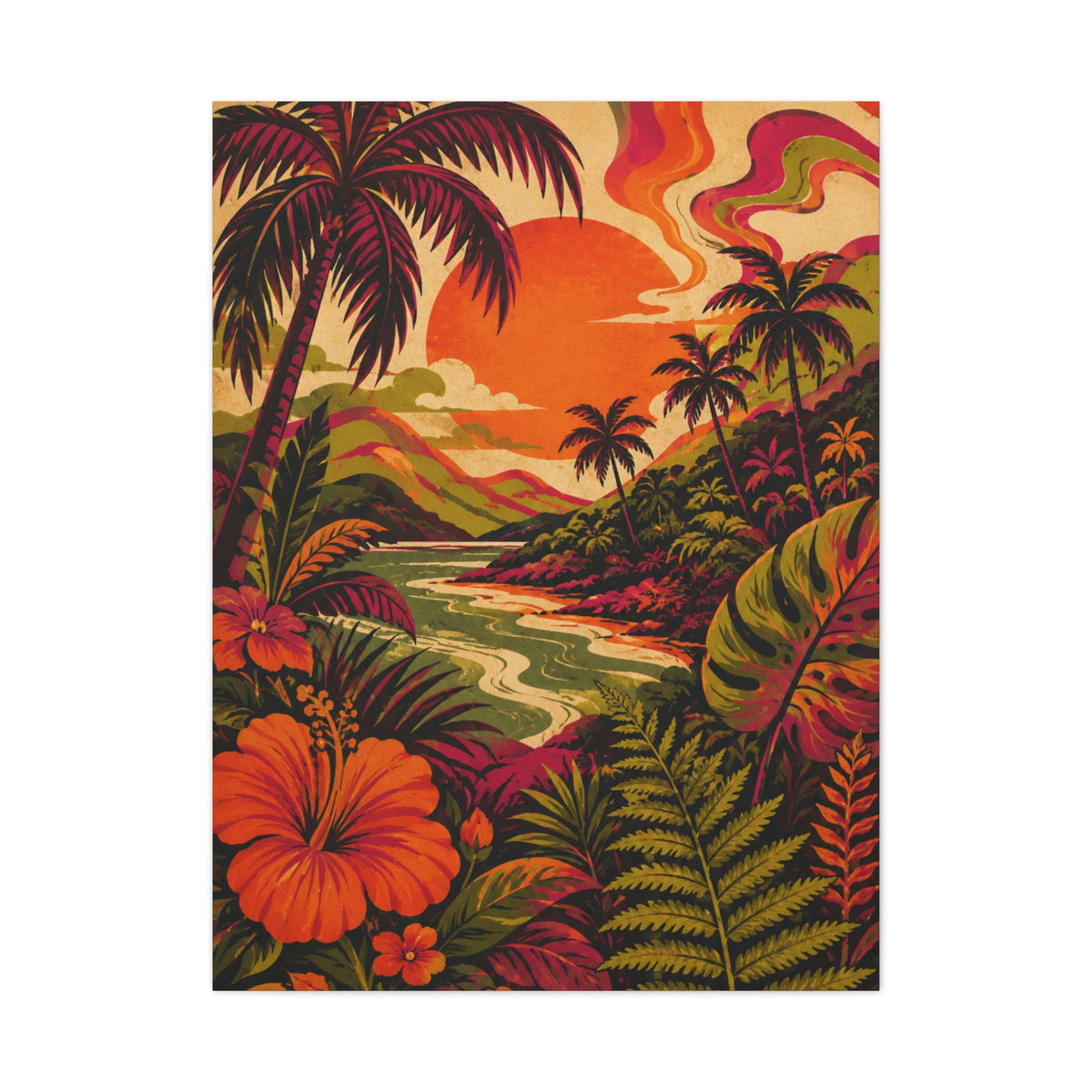 Vintage Tropical Valley Sunset Landscape Wall Art & Canvas Print