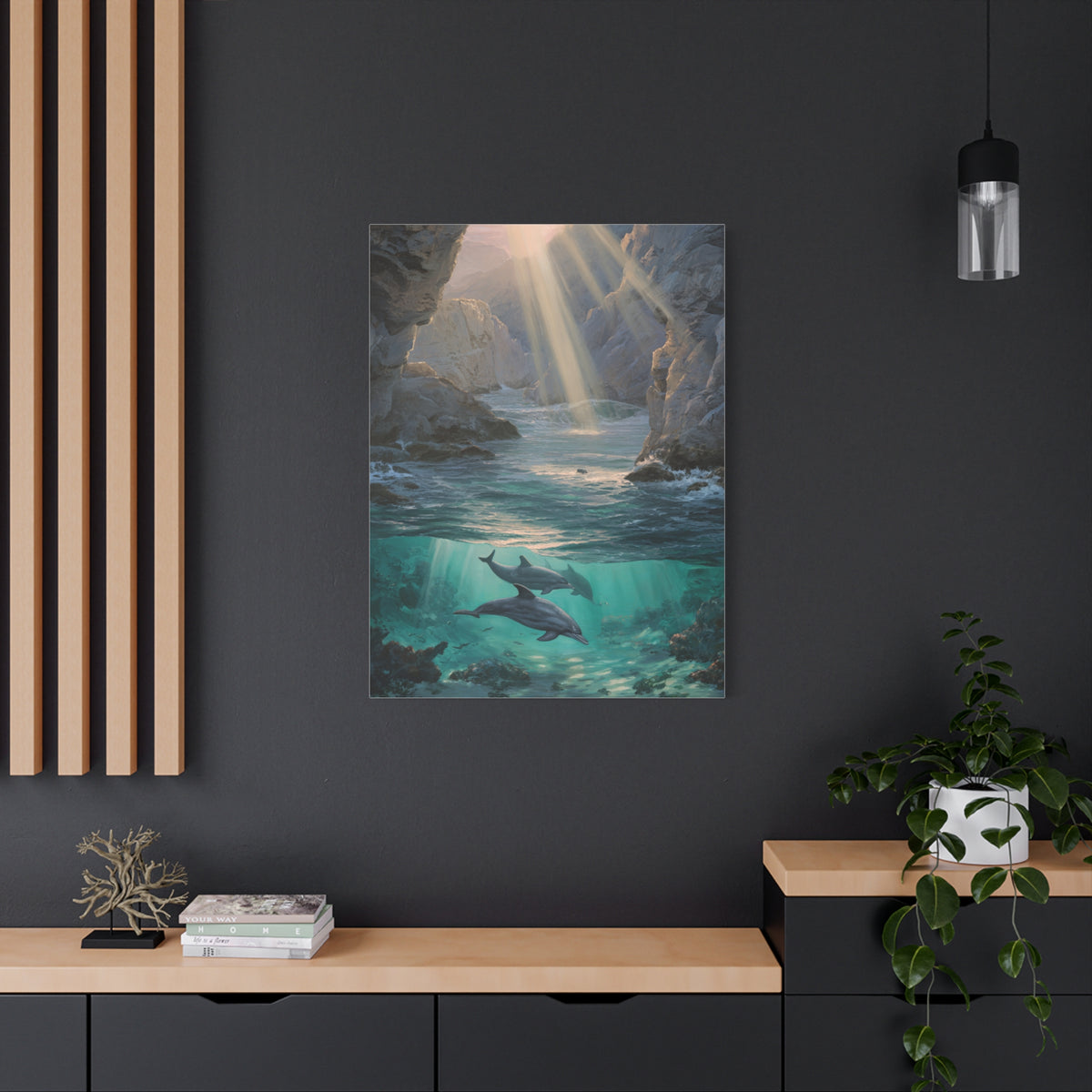Dolphins Swimming Beneath Sunlit Coastal Waters Wall Art & Canvas Print