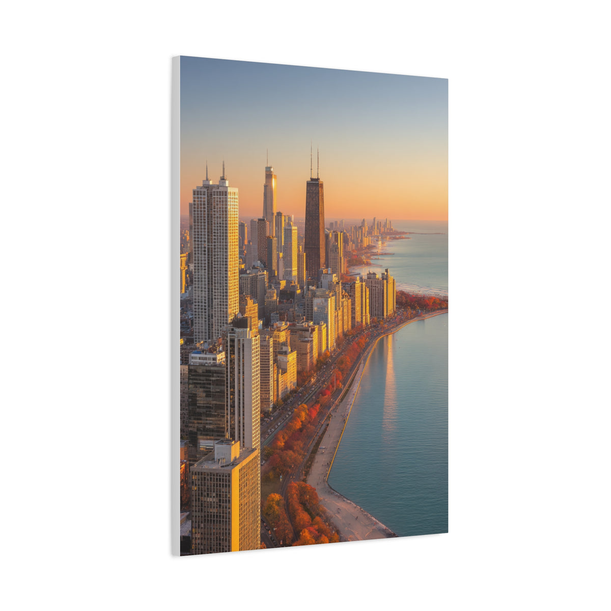 Chicago Skyline Autumn Sunset Along Lake Michigan Wall Art & Canvas Print