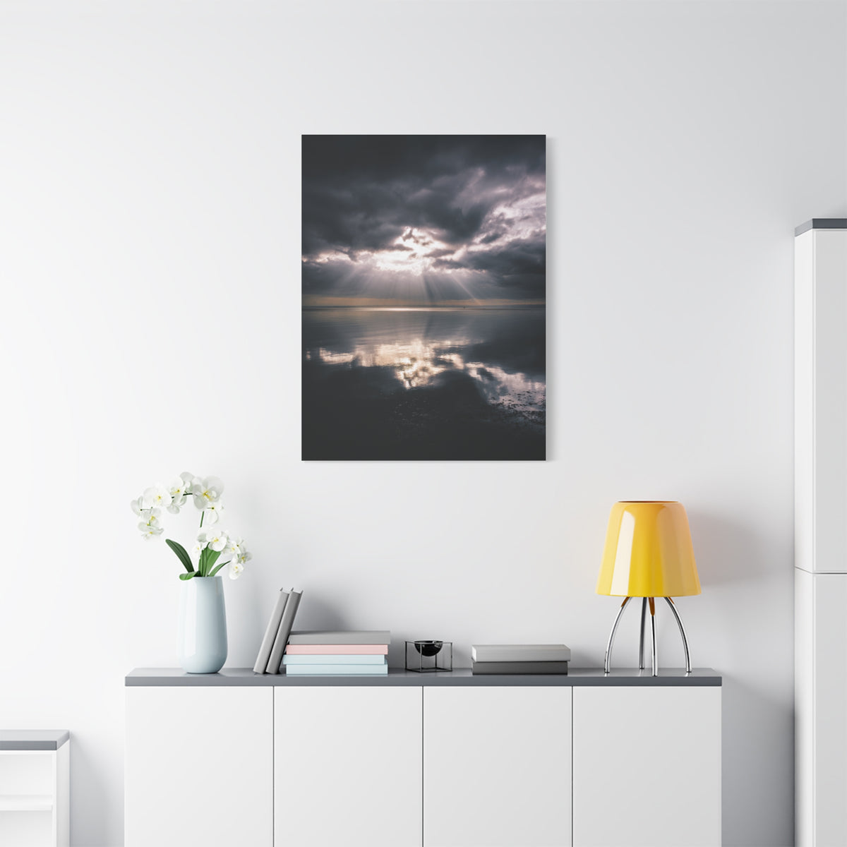 Dramatic Cloud Break Over Calm Ocean Horizon Wall Art & Canvas Print