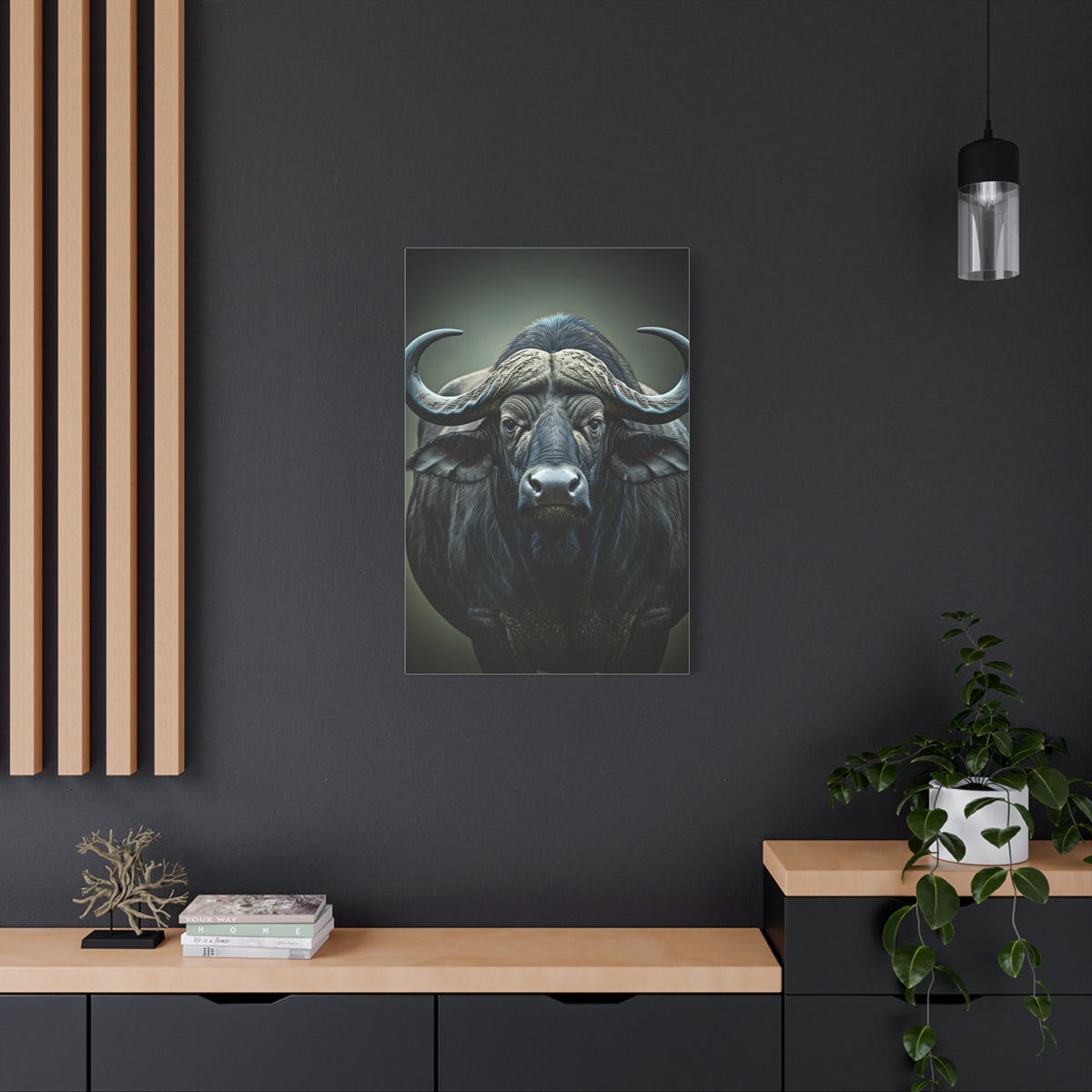 Dark Forest Buffalo with Dramatic Shadow Contrast Wall Art & Canvas Print