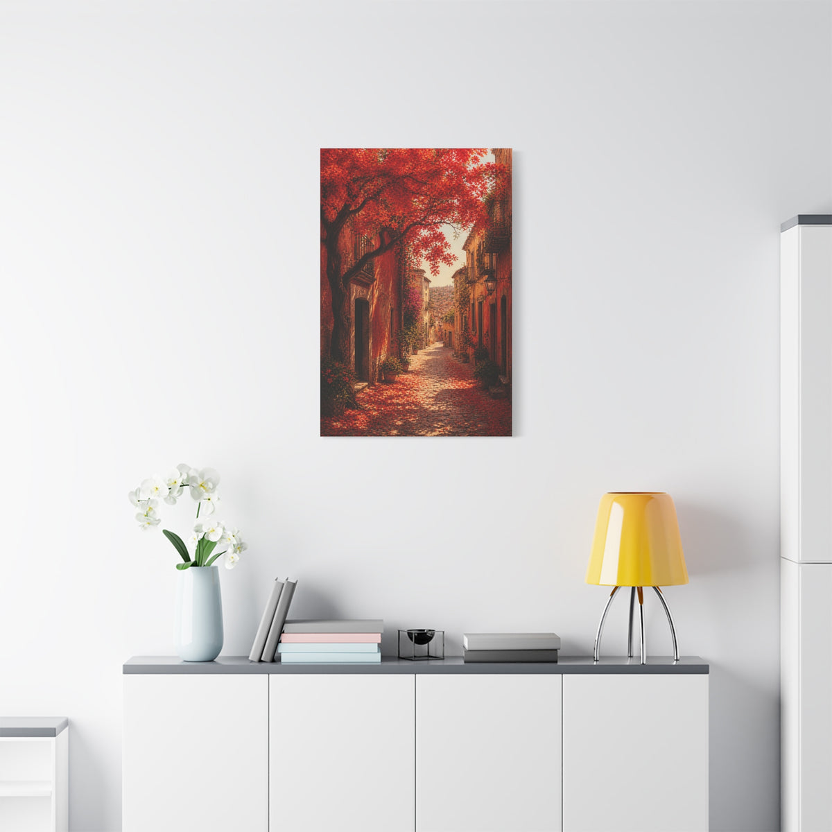 Autumn Red Blossom Street Scene Wall Art & Canvas Print