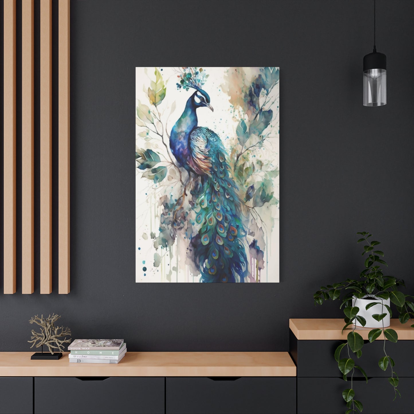 Peacock on branch Wall Art & Canvas Prints