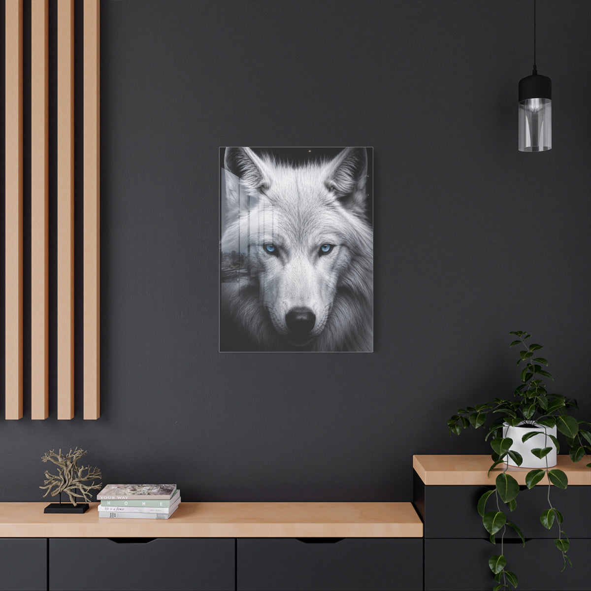 White Wolf Blue Eyes Monochrome Portrait Wall Art & Canvas Print