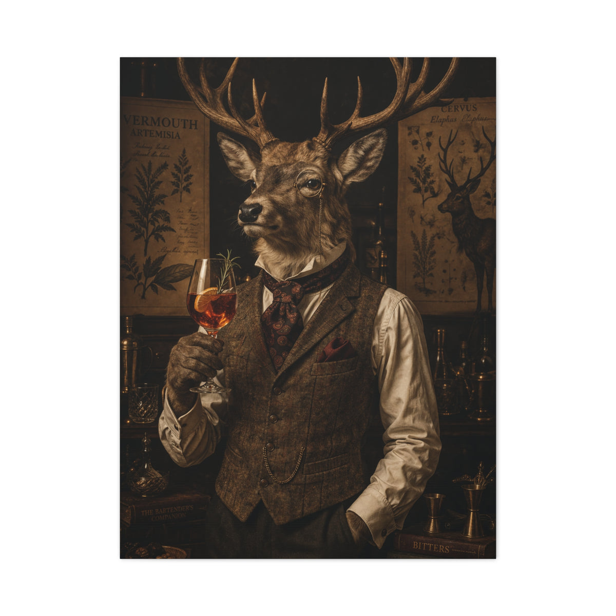 Vintage Botanical Stag Sommelier Portrait Wall Art & Canvas Print