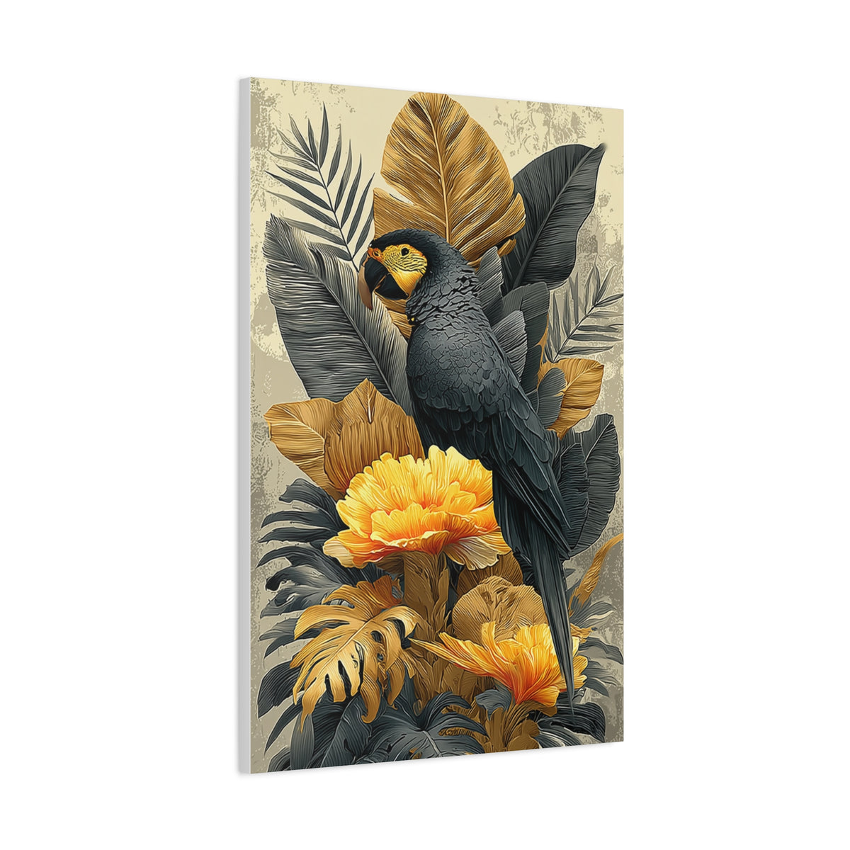 Black and Gold Tropical Parrot Wall Art & Canvas Print