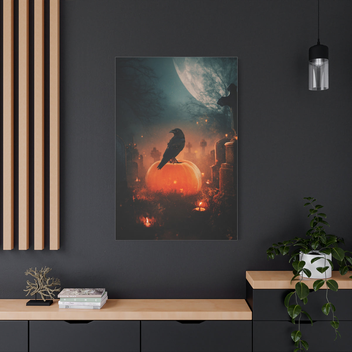Crow on Pumpkin in Moonlit Graveyard Wall Art & Canvas Print
