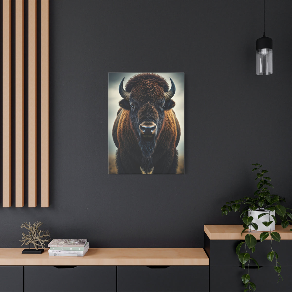 Symmetrical American Bison Portrait with Dramatic Overcast Lighting Wall Art & Canvas Print