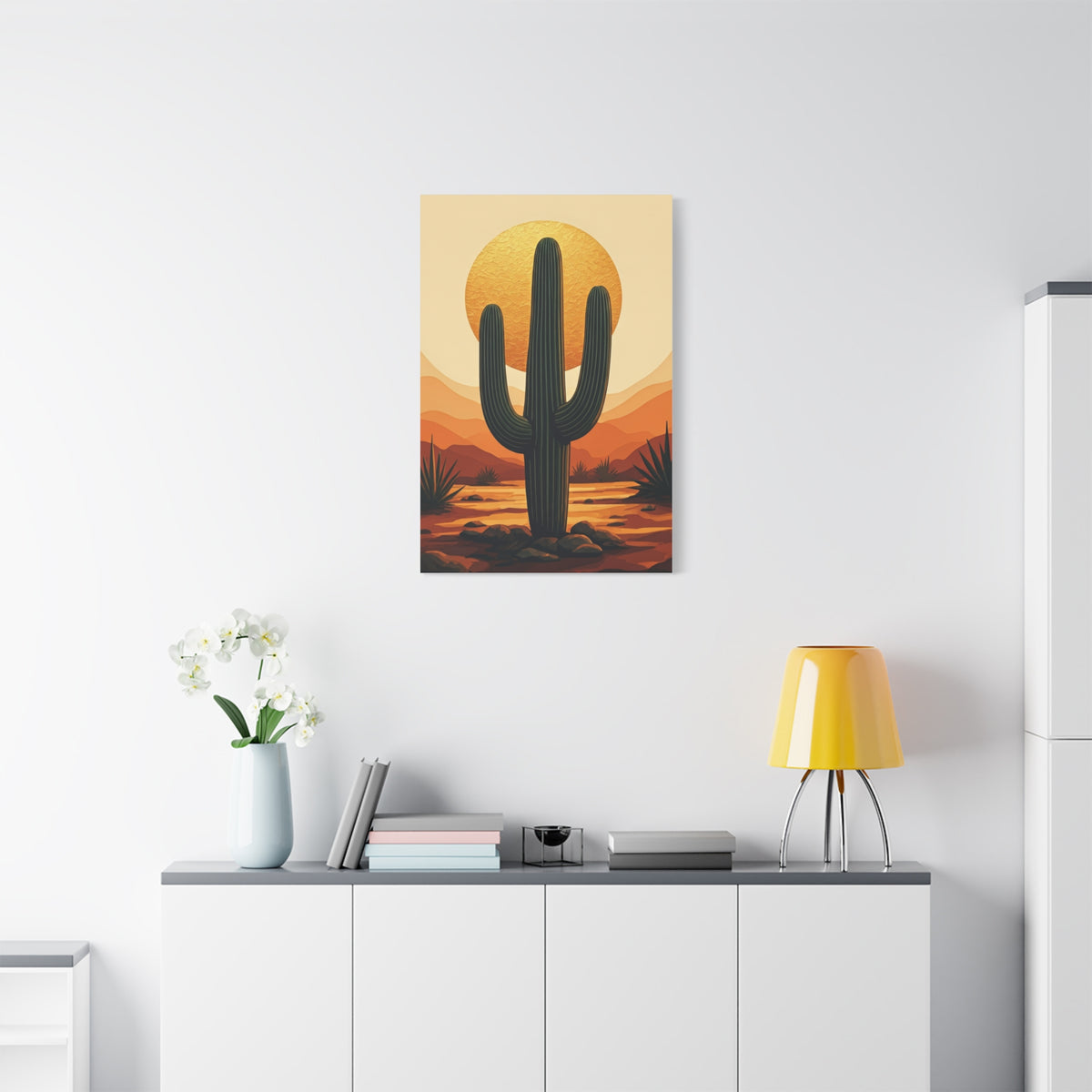 Golden Sun Desert Saguaro Illustration Wall Art & Canvas Prints