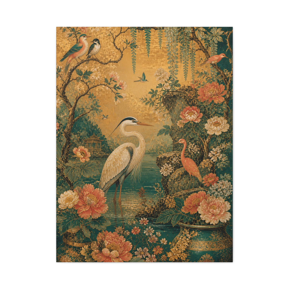 Golden Chinoiserie Garden Scene Wall Art & Canvas Print