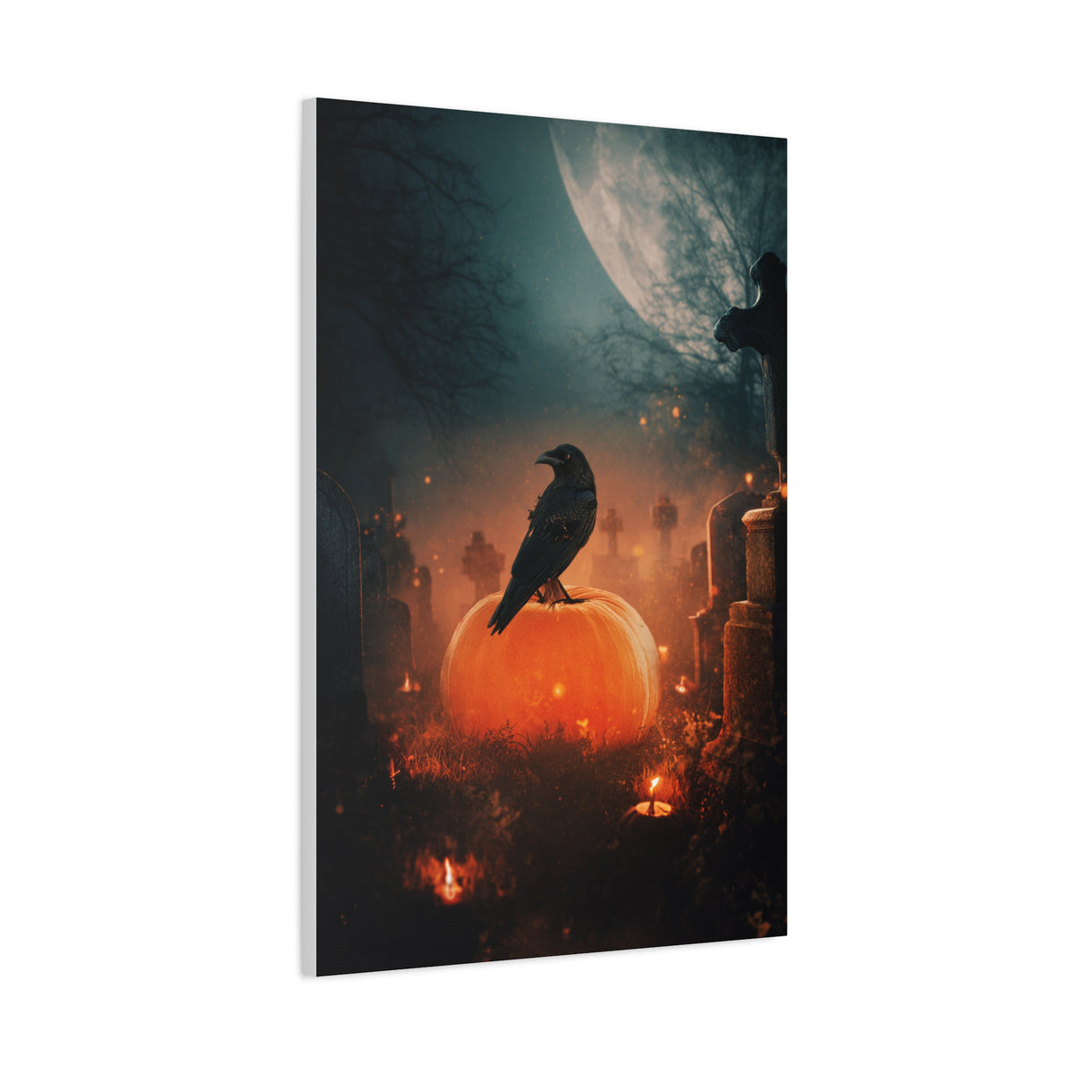 Crow on Pumpkin in Moonlit Graveyard Wall Art & Canvas Print