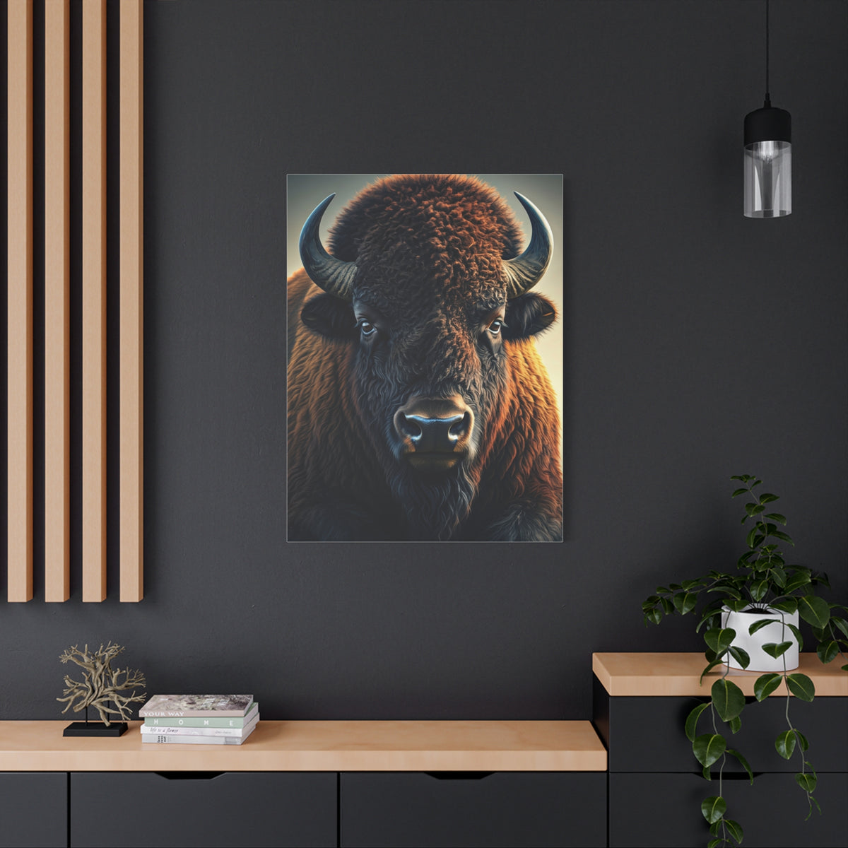 Classic Frontal American Bison Portrait with Soft Neutral Backdrop Wall Art & Canvas Print
