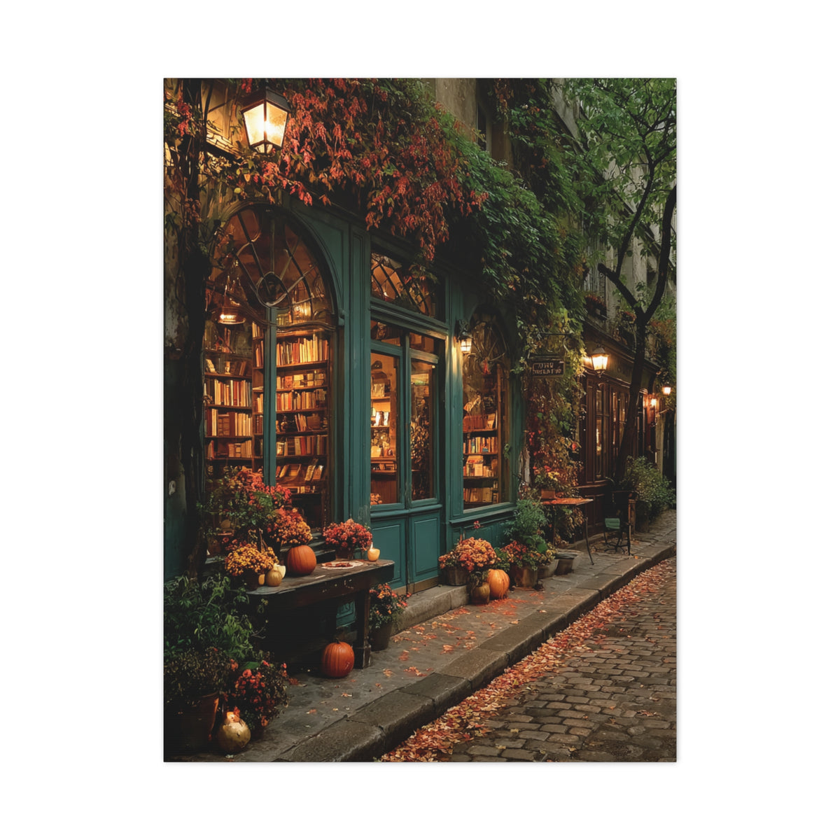 Autumn Bookshop Street Scene Wall Art & Canvas Print