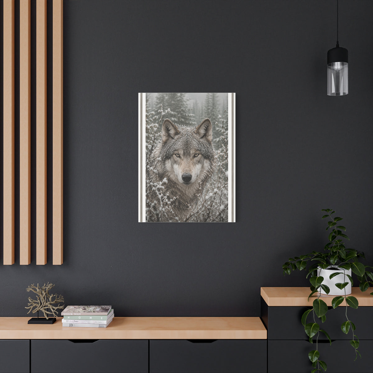 Snow Forest Gray Wolf Framed Portrait Wall Art & Canvas Print