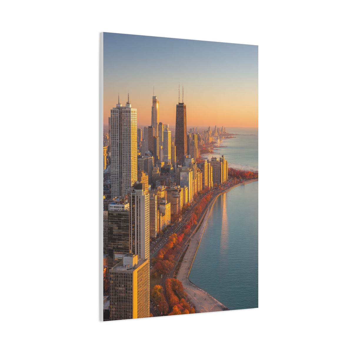 Chicago Skyline Autumn Sunset Along Lake Michigan Wall Art & Canvas Print