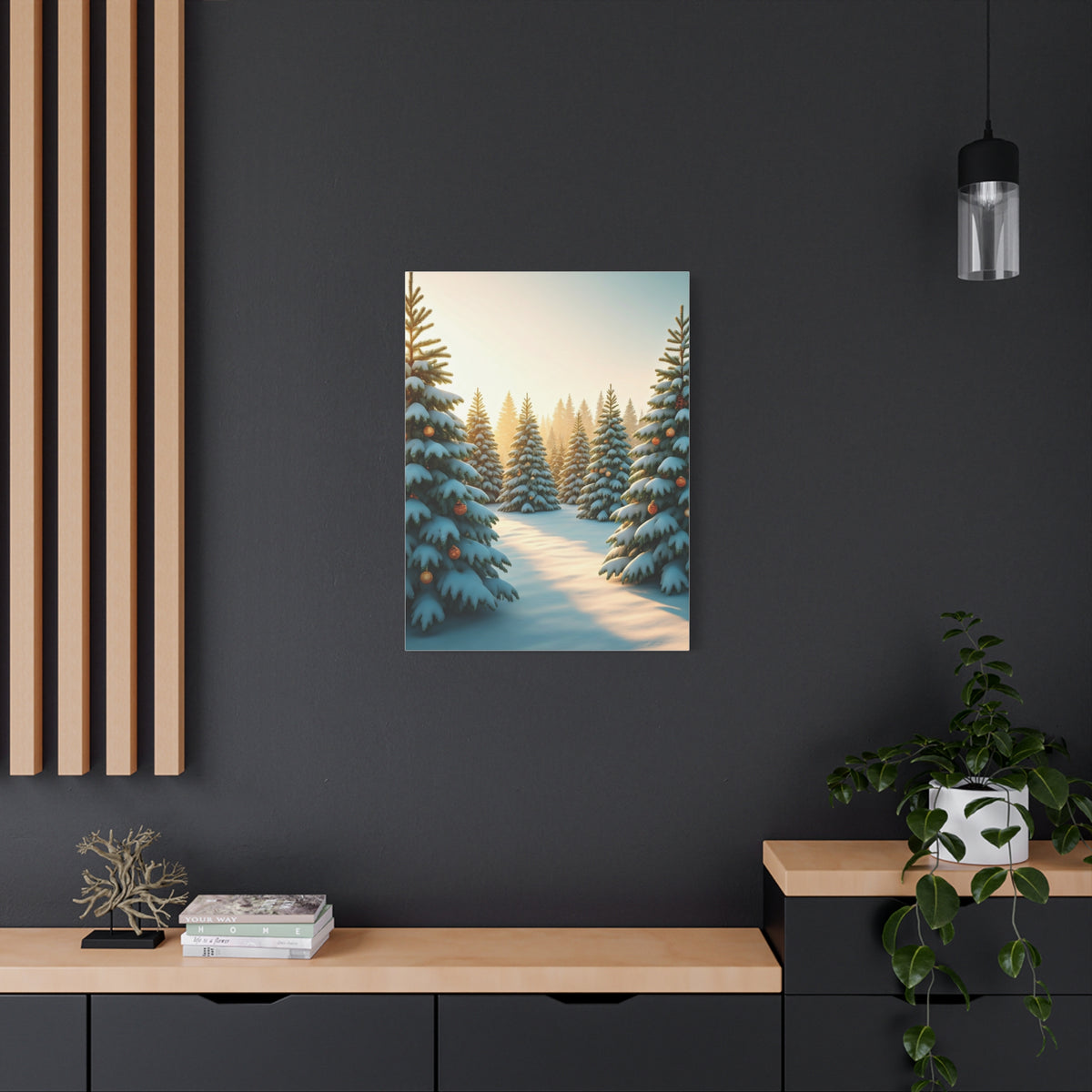 Snow Covered Christmas Tree Forest Under Winter Light Wall Art & Canvas Print
