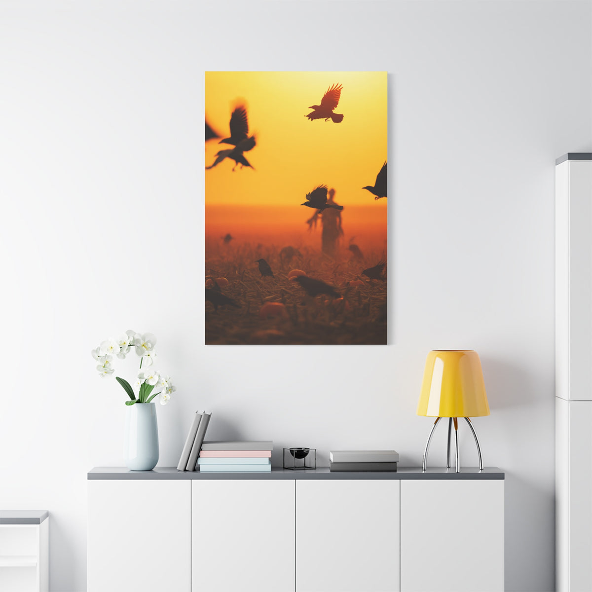 Crows Rising Over Pumpkin Field at Sunset Wall Art & Canvas Print