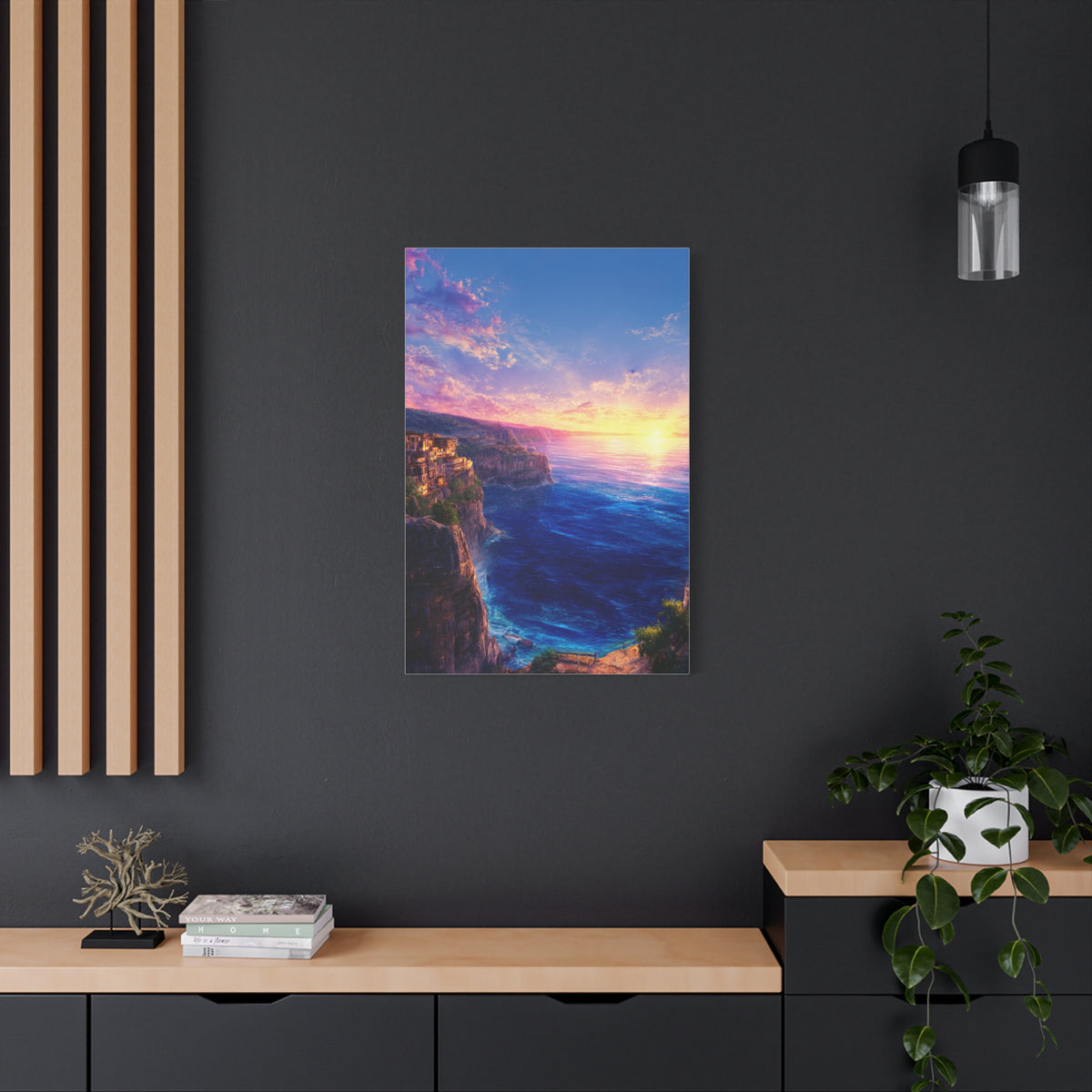 Coastal Village Cliffs at Golden Sunset Wall Art & Canvas Print