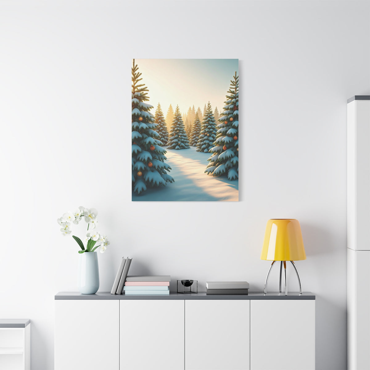 Snow Covered Christmas Tree Forest Under Winter Light Wall Art & Canvas Print