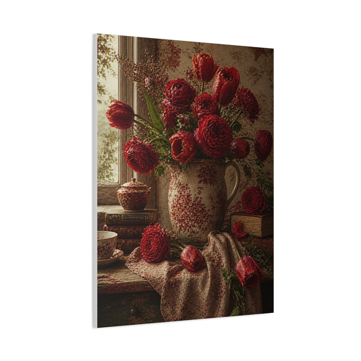 English Cottage Red Floral Still Life Wall Art & Canvas Print