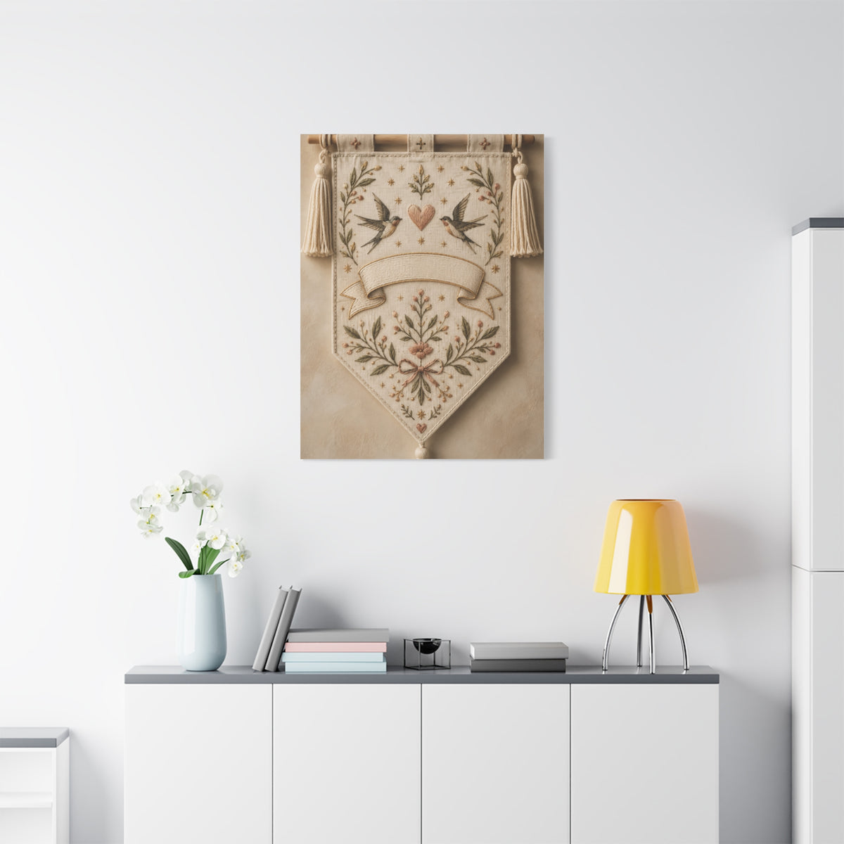 Hand-Embroidered Romantic Birds Textile Wall Art & Canvas Print