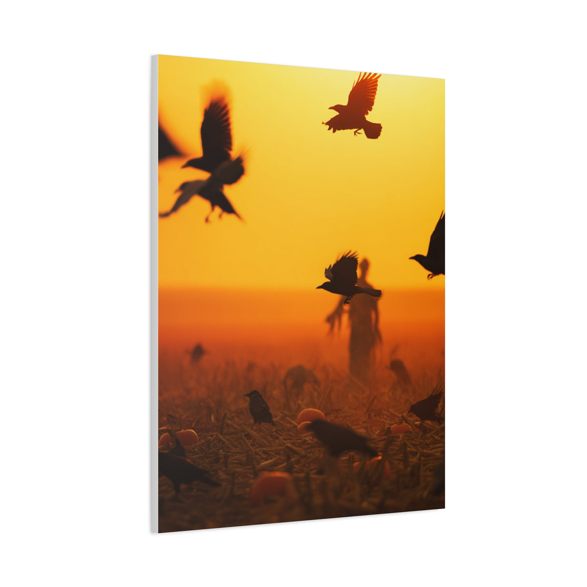 Crows Rising Over Pumpkin Field at Sunset Wall Art & Canvas Print