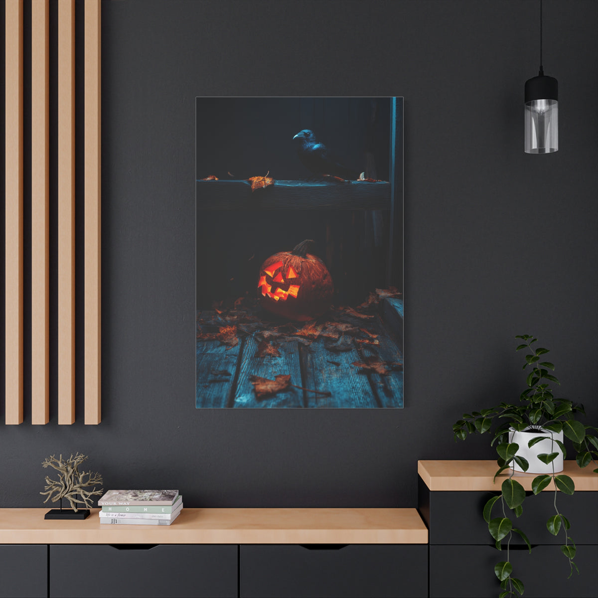 Jack-O’-Lantern and Crow on Moonlit Porch Wall Art & Canvas Print
