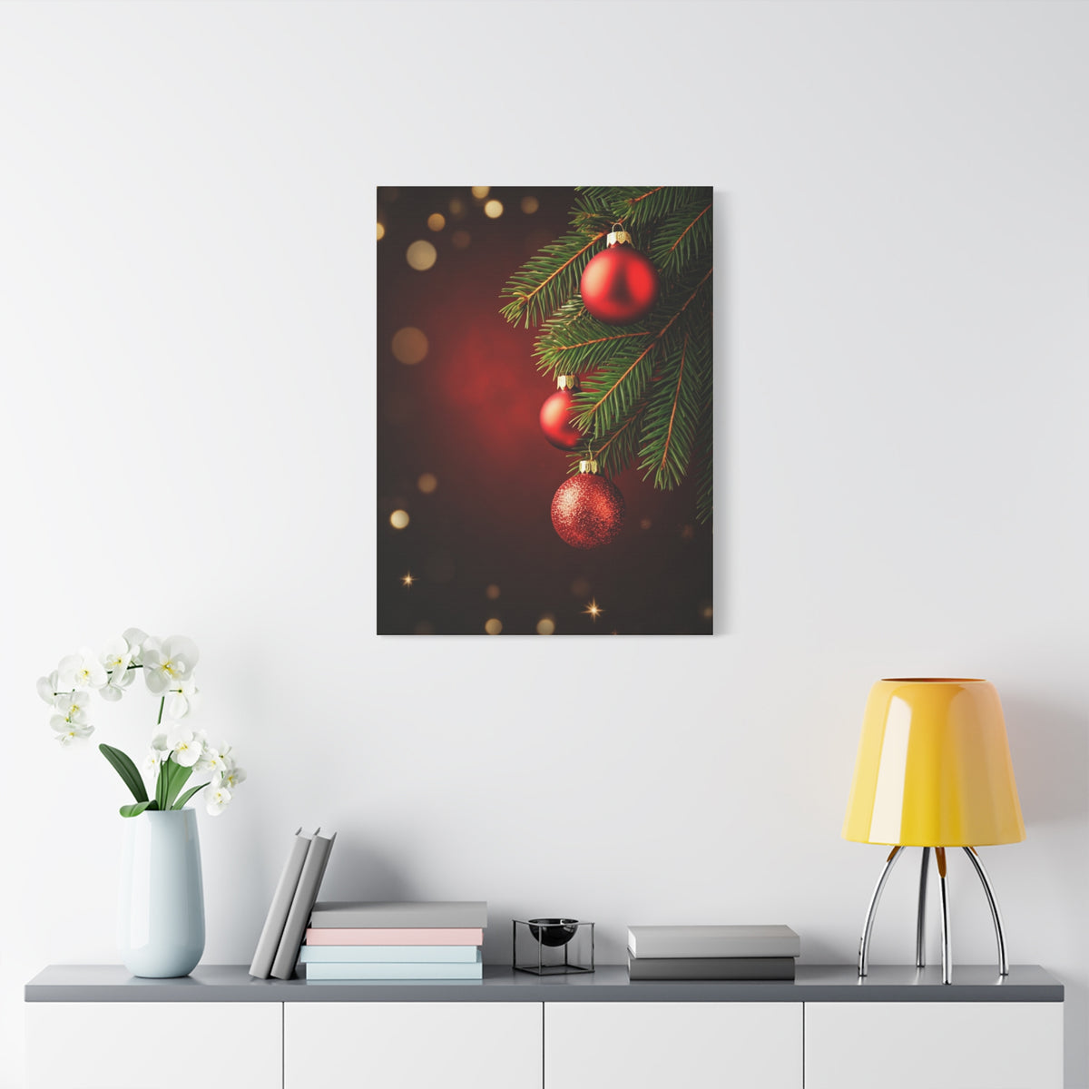 Red Christmas Tree Ornaments on Pine Branch Wall Art & Canvas Print