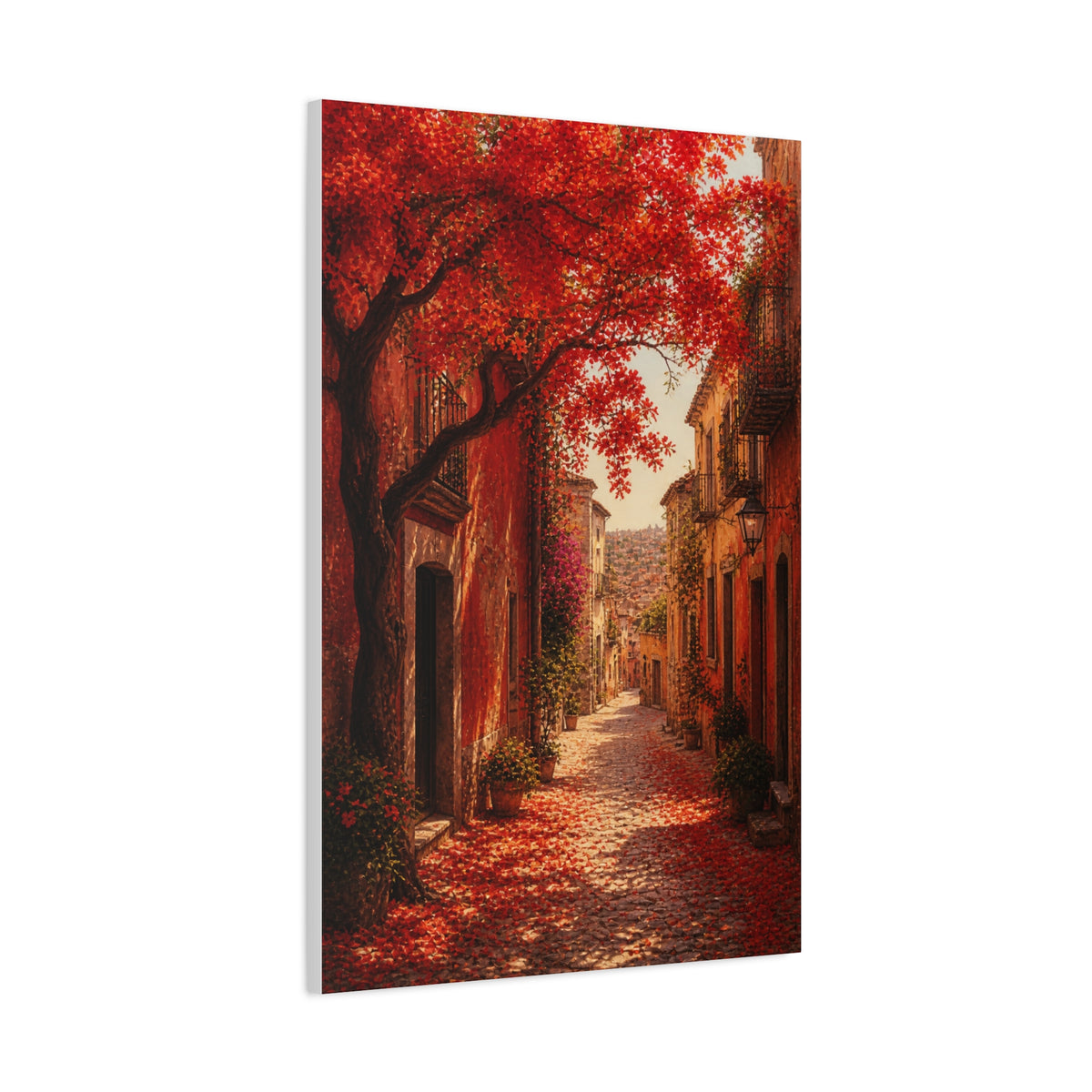 Autumn Red Blossom Street Scene Wall Art & Canvas Print