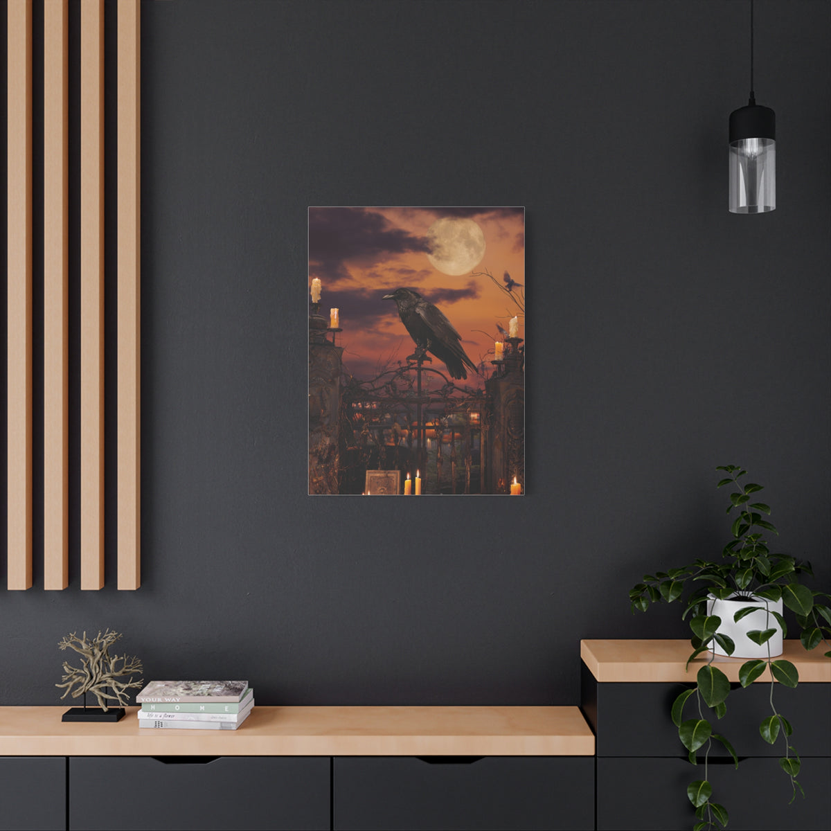 Raven on Moonlit Cemetery Gate Wall Art & Canvas Print