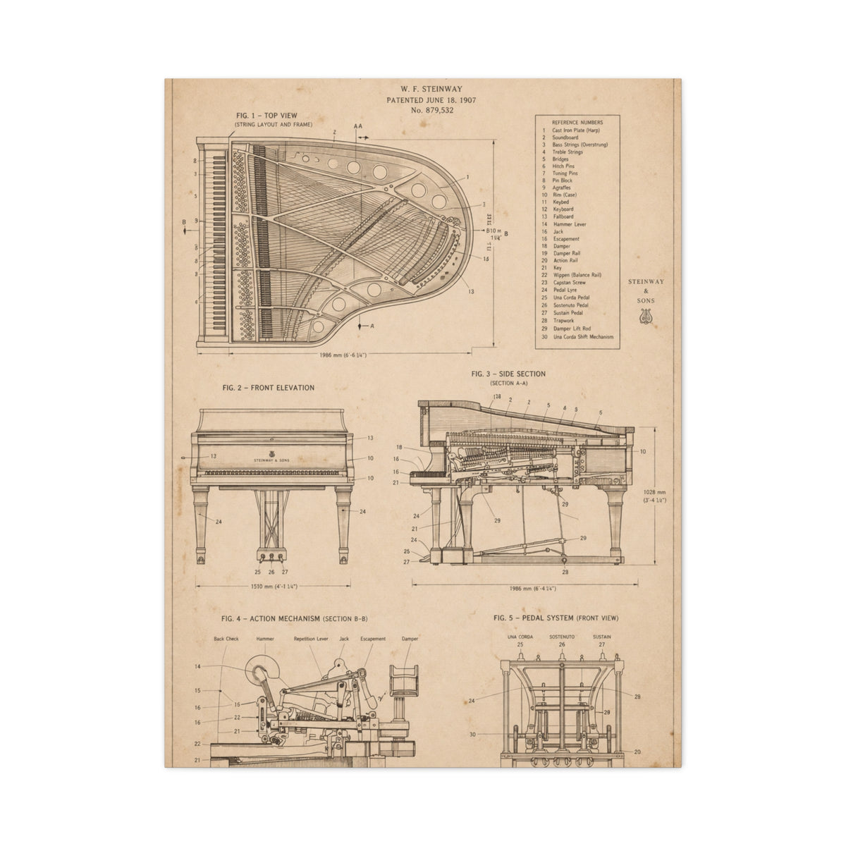 Steinway Grand Piano Technical Diagram Wall Art & Canvas Print