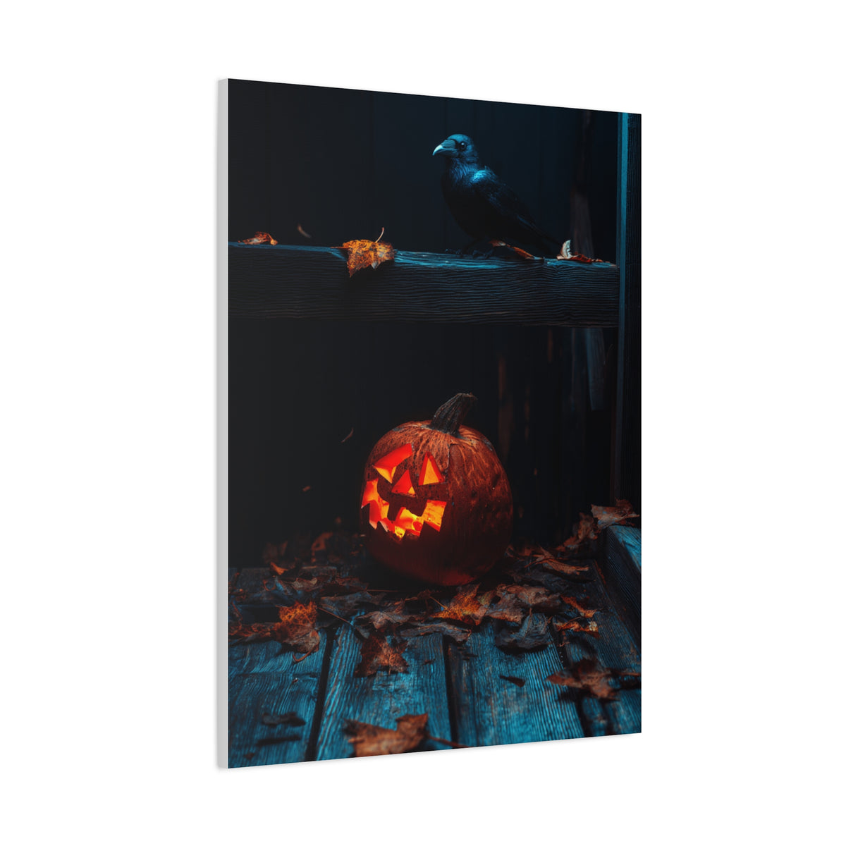 Jack-O’-Lantern and Crow on Moonlit Porch Wall Art & Canvas Print