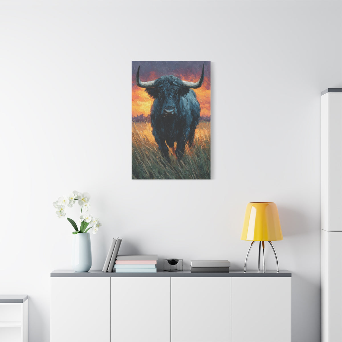 Majestic Bull at Sunset Oil Painting Wall Art & Canvas Print