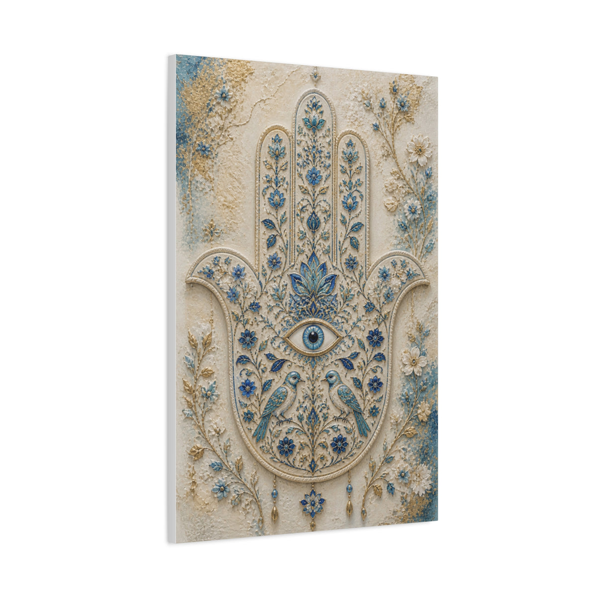 Blue Floral Hamsa Sacred Symbol Wall Art & Canvas Print