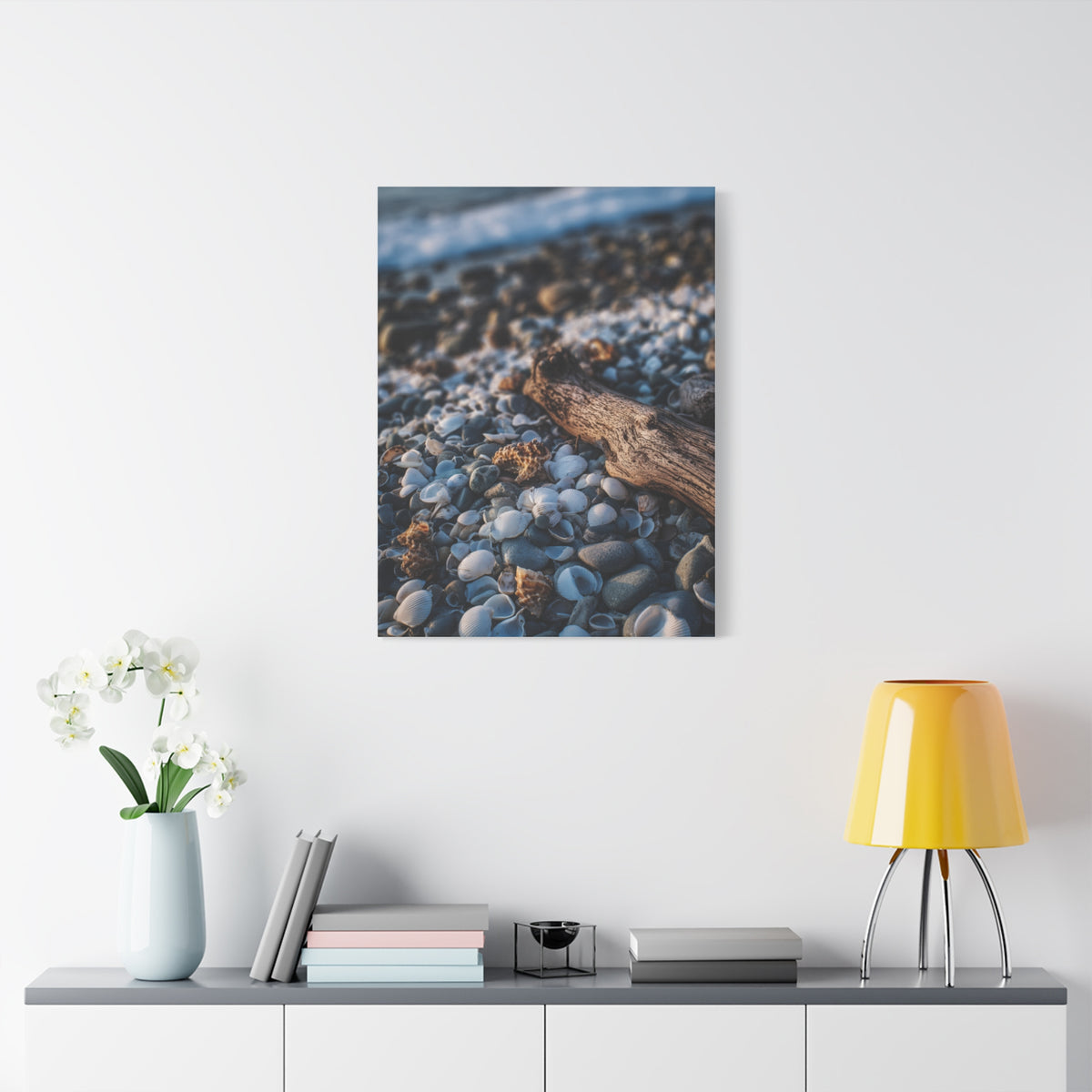 Rocky Shoreline with Seashells and Driftwood Wall Art & Canvas Print