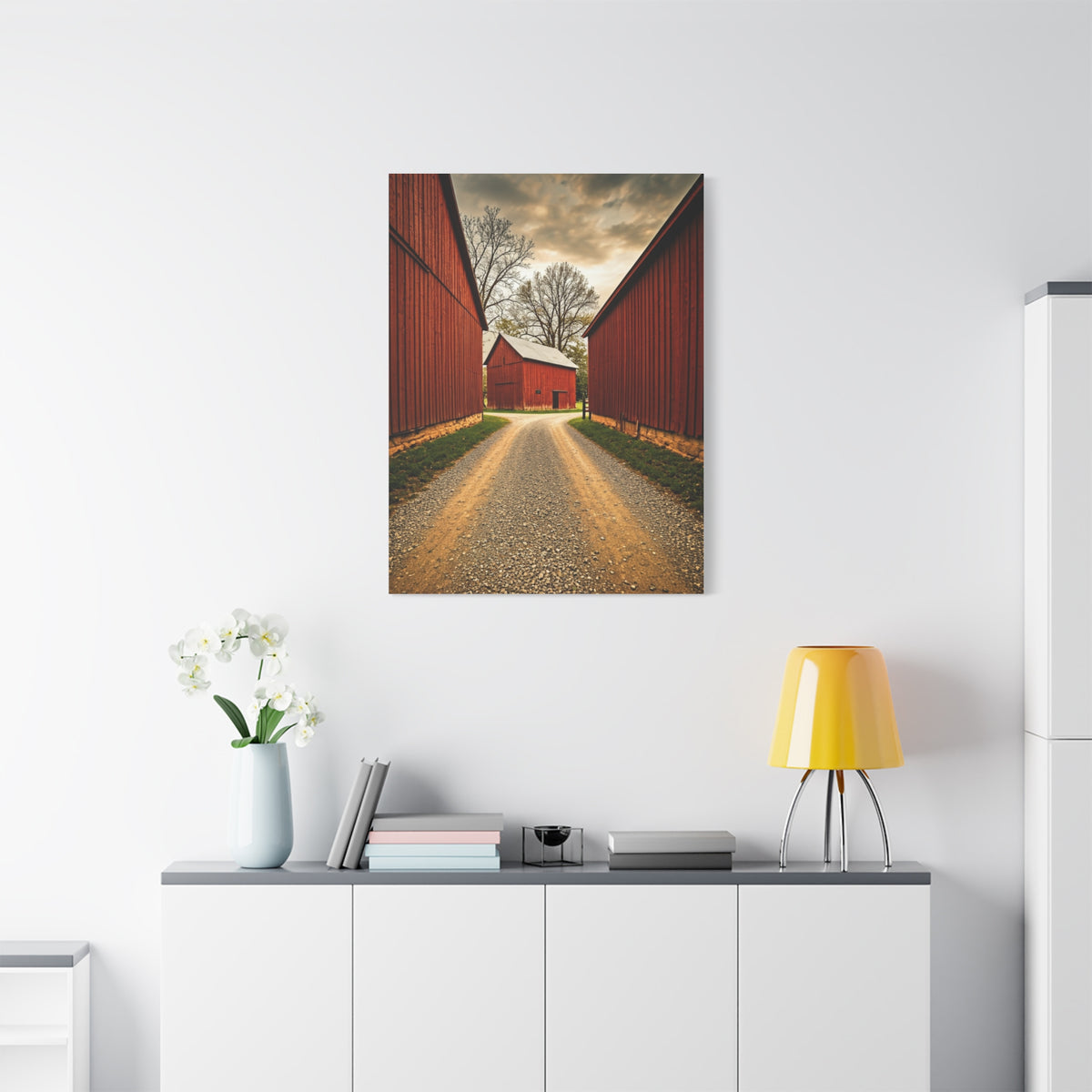 Country Lane Between Red Barns Wall Art & Canvas Prints